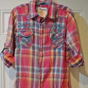 WOMENS XL ROAR PINK AND BLUE PLAID 3/4 SLEEVE WSTERN BUTTON DOWN SHIRT